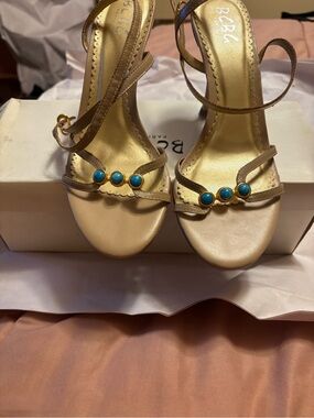 BCBG Beige Strappy Heels with Turquoise Accent Stones